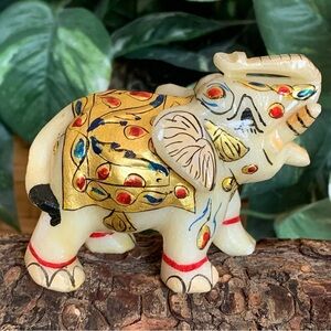 Marble Elephant Statue Trunk Up Hand Painted Indian Art home Decor Sculpture 3"